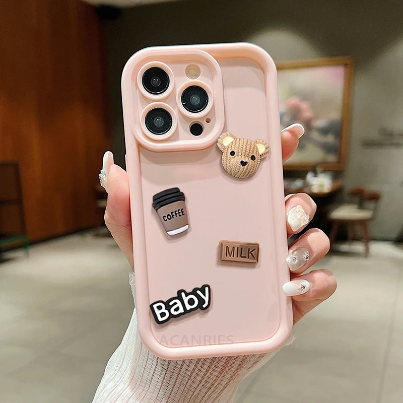 Cute 3D Bear Coffee Cartoon Silicone Case For Iphone 15 12 11 13 14 Pro Max 7 8 Plus X Xs Xr 15pro 14pro 15plus Soft Matte Cover - covers4phones