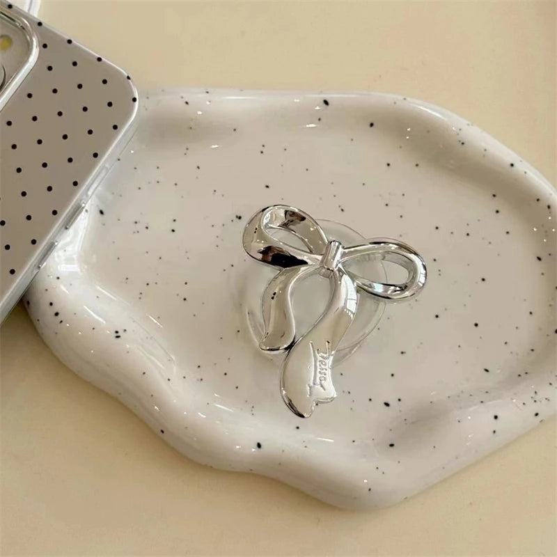 Korean Cute Silvery Bowknot Griptok Clear Phone Finger Ring Holder Stand Support For iPhone Samsung Foldable Socket Girl Bracket