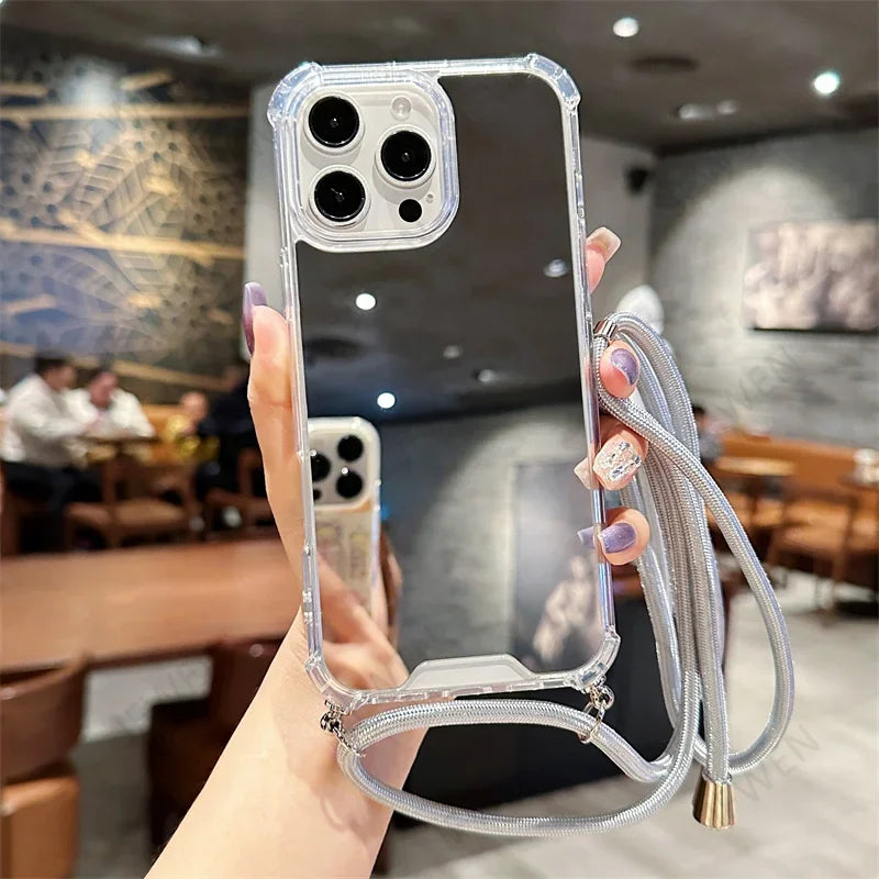 Crossbody Lanyard Mirror Phone Case For iphone 16 15 14 13 12 Mini 11 Pro Max XS XR SE 2 3 8 7 Plus Hard PC Back Cover