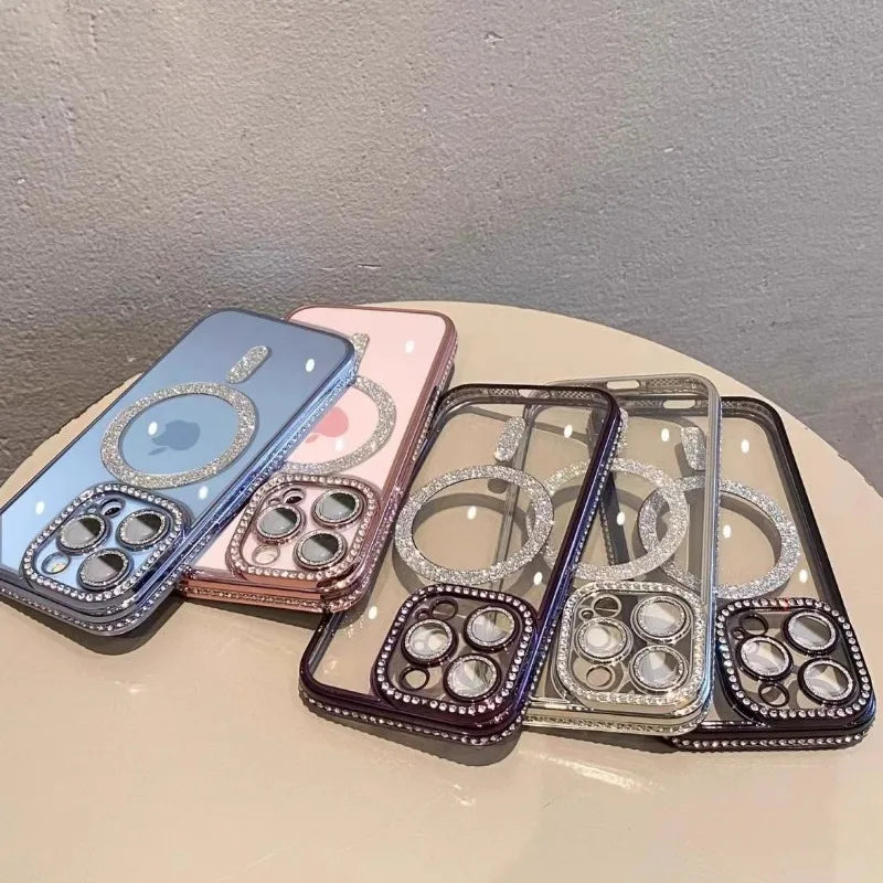 Bling Glitter Rhinestone Magnetic Wireless Charge Case for iPhone 16 15 14 13 12 11 Pro Max Plus Shockproof Pink Jewelled Cover - covers4phones