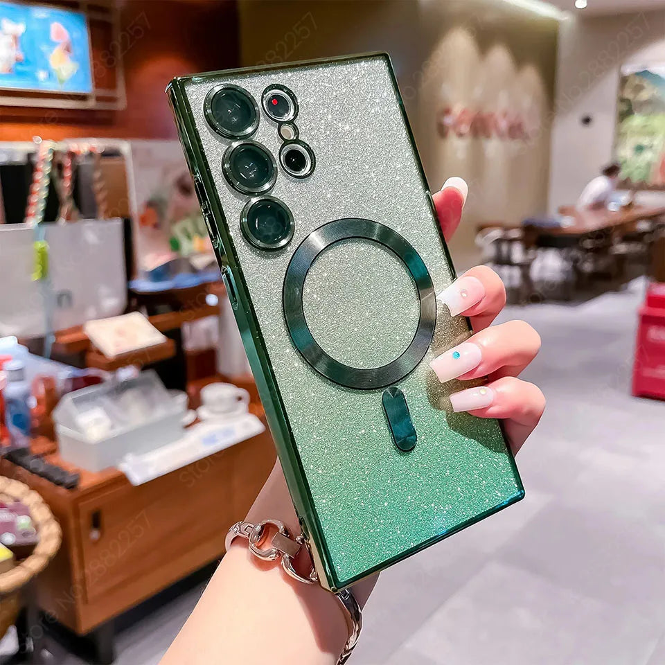 Glitter Luxury Magnetic Woman Case For Magsafe For Samsung Galaxy S24 S23 S22 S25 Ultra Plus Accessories Wireless Charging Cover