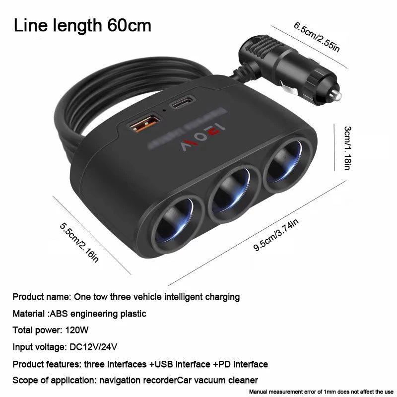Car Charging Adapter One Tow Three Conversion Head with USB+PD Extended High Power 12V24V Universal Model - covers4phones