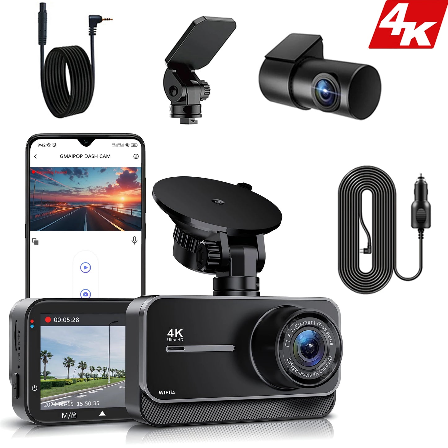 4K Dash Cam for Cars Car Camera Dash Cam WIFI Camera for Car Front and Rear Dash Camera Black Box 24H Parking Mode Recorder