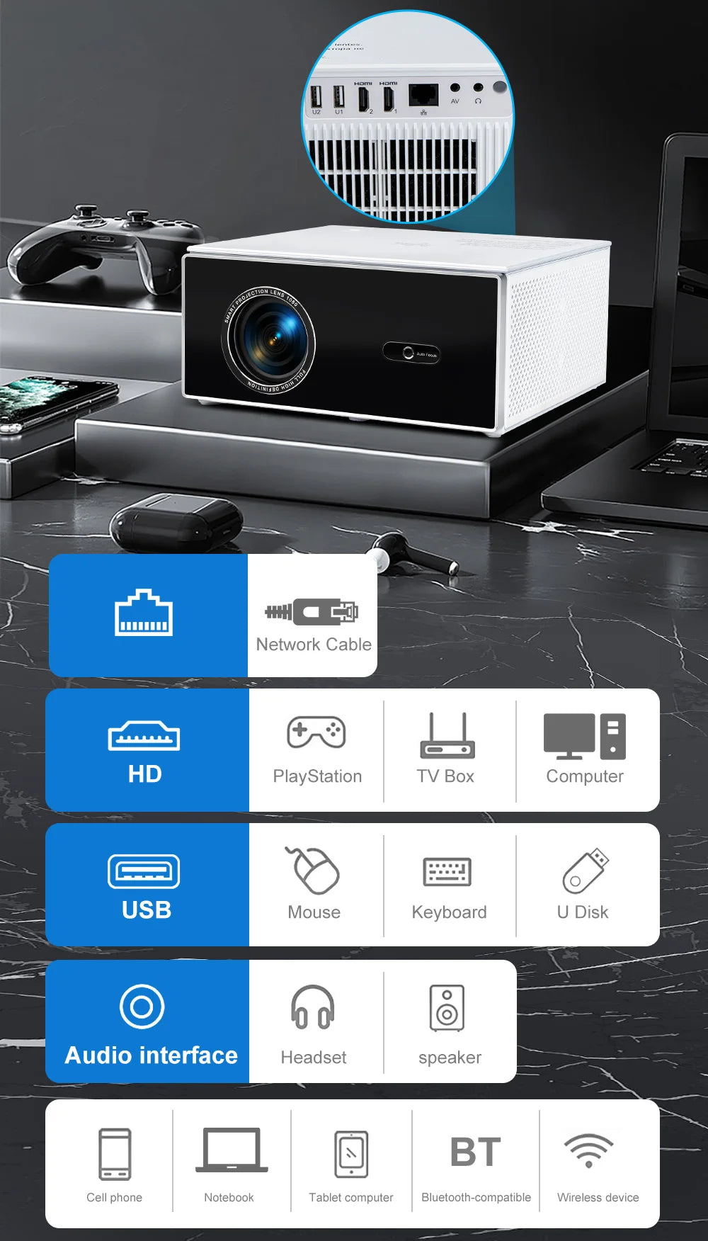 ThundeaL 2K 4K Full HD 1080P Projector TDA7W 2G 32G Android 13 WiFi 6 Home Theater TDA7 Beam Projector for Outdoor Meeting Video - covers4phones