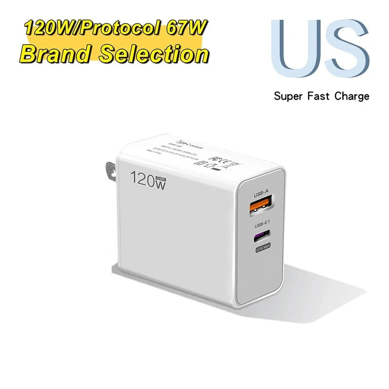 Total 120W USB Charger Type C Fast Charging Wall Charger Adapter EU/US Plug Travel Charger For iPhone 15 Samsung  Xiaomi Huawei