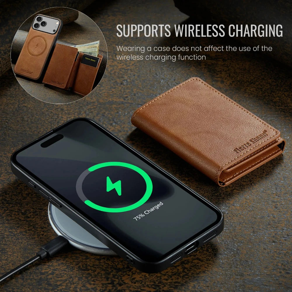Leather Phone Case for iPhone 17 Pro Max 17Air 16e 16 Plus 15 14 13 12 11 7 8 SE3 Magnetic Detachable Card Holder Wallet Cover