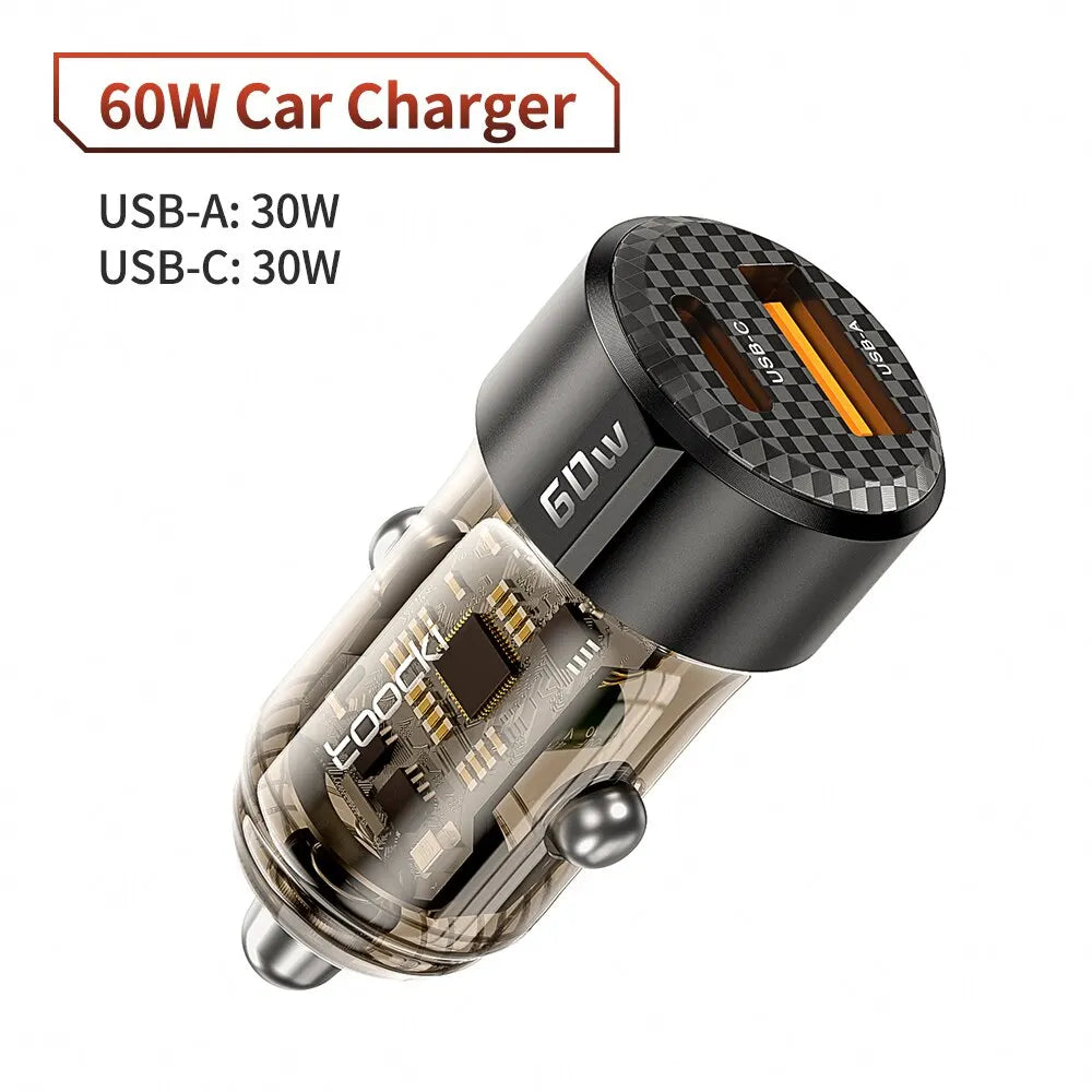 Toocki 60W Car Charger 30W Quick Charge Transparent Case PD 27W for iPhone 15 14 13 12 Xiaomi Poco Samsung Fast Charger Charging - covers4phones