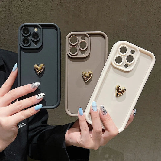 3D Gold Heart Silicone Soft Phone Case For iPhone 15 14 13 12 11 16 Pro Max XS XR 7 8 Plus SE 2020 Shockproof Candy Matte Cover - covers4phones