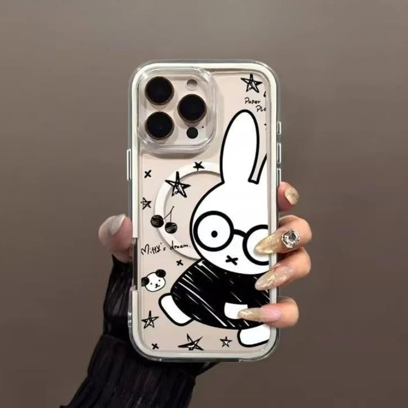 Doodle Cute Magnetic Black Lines Miffy Kawaii Retro Phone Case Apple 16 15 14 13 12 11 Pro Max Plus Huawei Mate and Pura
