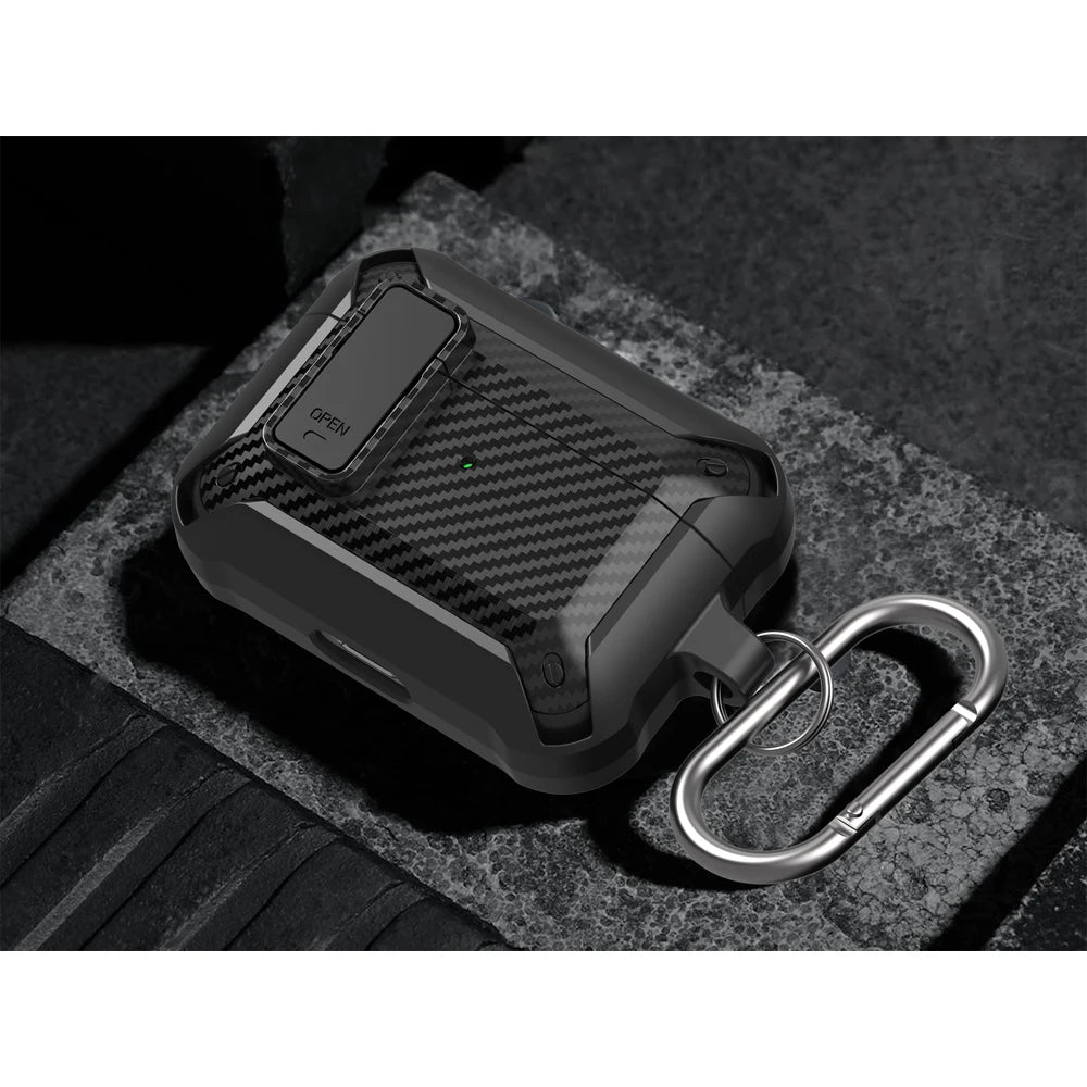 Security Lock Cover For Airpods Pro 2 Case Luxury Carbon Fibre Switch Earphone Case With Keychain For Airpods 3 1 Shockproof Box - covers4phones