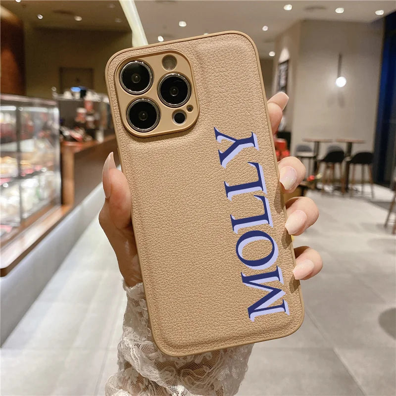 3D Colorful Personalised Name Case For iPhone 11 12 13 14 15 16 Pro Max XR XS MAX 7 8 Plus Luxury Korea Leather Customized Cover - covers4phones