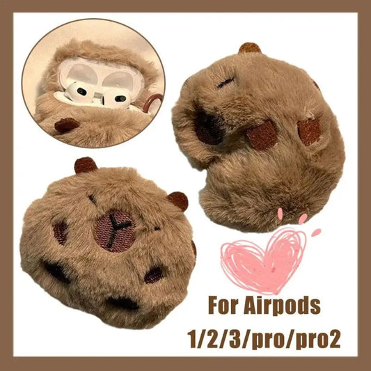 Capybara Three Dimensional Plush Earphone Case For Airpods 4 1 2 3 Pro 2 Cover Wireless Bluetooth Headset Charging Box Soft Case - covers4phones