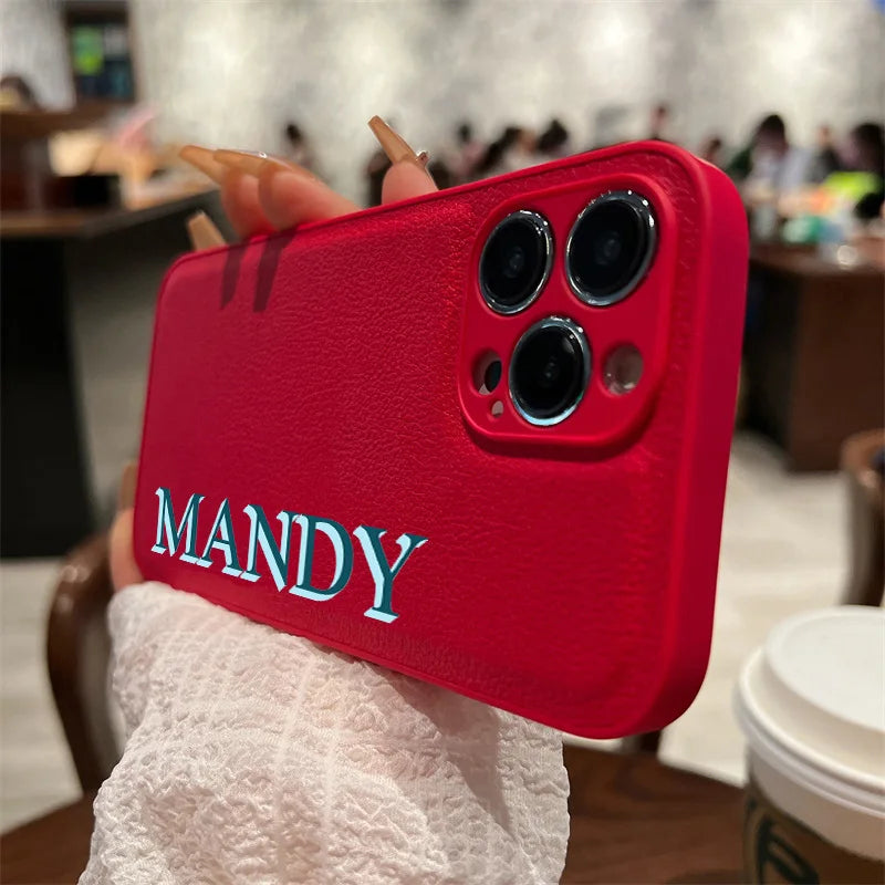 3D Colorful Personalised Name Case For iPhone 11 12 13 14 15 16 Pro Max XR XS MAX 7 8 Plus Luxury Korea Leather Customized Cover - covers4phones