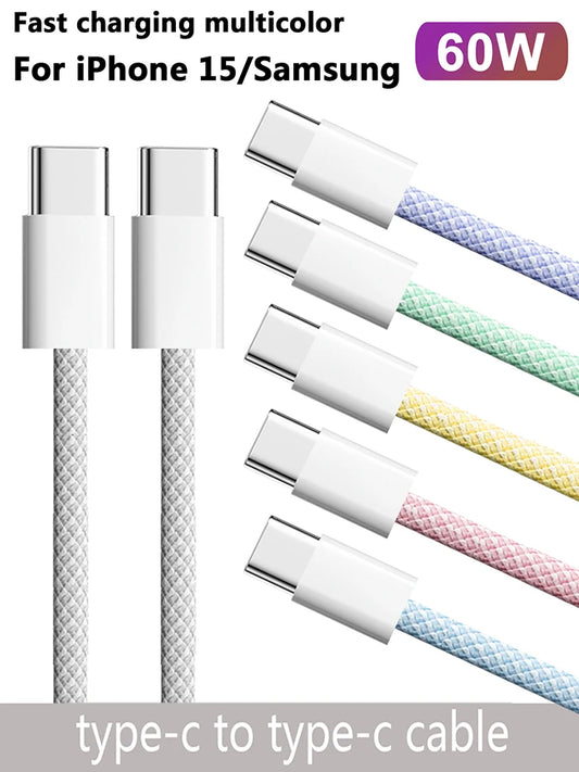 USB-C to Type C Color Cable For Apple iPhone 15 PD 60W Fast Charging For Huawei Xiaomi Samsung Type C Weaving Cable Accessories - covers4phones