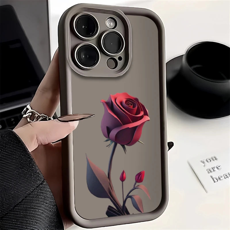 Simple Rose Case For iPhone11 12 13 14 15 ProMax 14 15 Pro X XR XS XSMax 7/8Plus Frosted all-inclusive anti-drop phone case - covers4phones