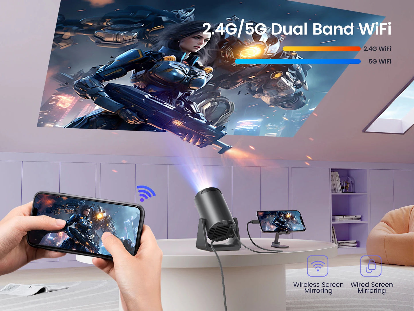 Wimius L1 Mini Projector Support 1080P Android 11 4K Projector 300 ANSI WiFi BT5.0 Auto Keystone Portable 270° Rotable Projector - covers4phones