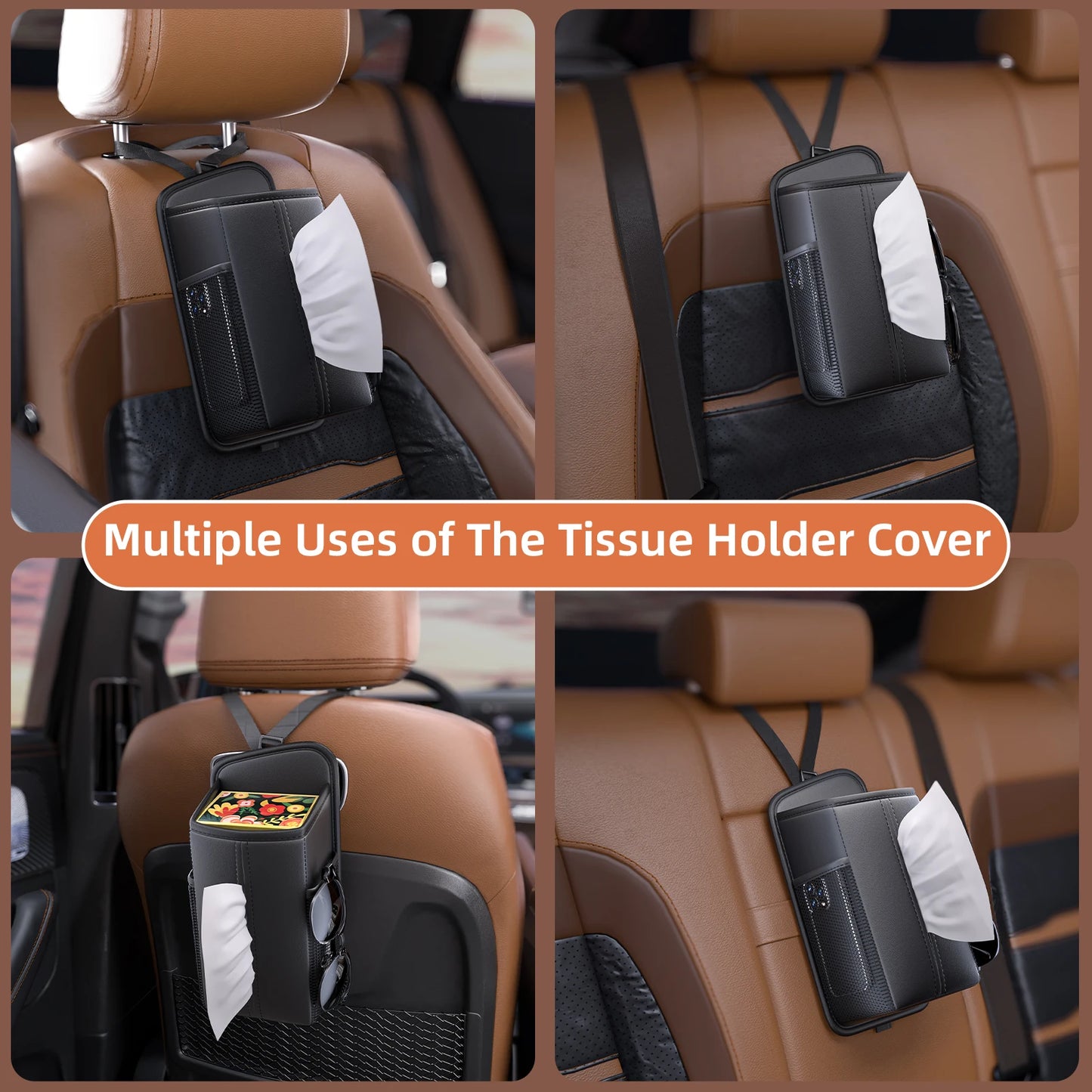 Leather Car Storage Bag Auto Seat Organizer Tissue Bag Water Cup Holder Mesh Storage Pocket Car Storage Box With Hanging
