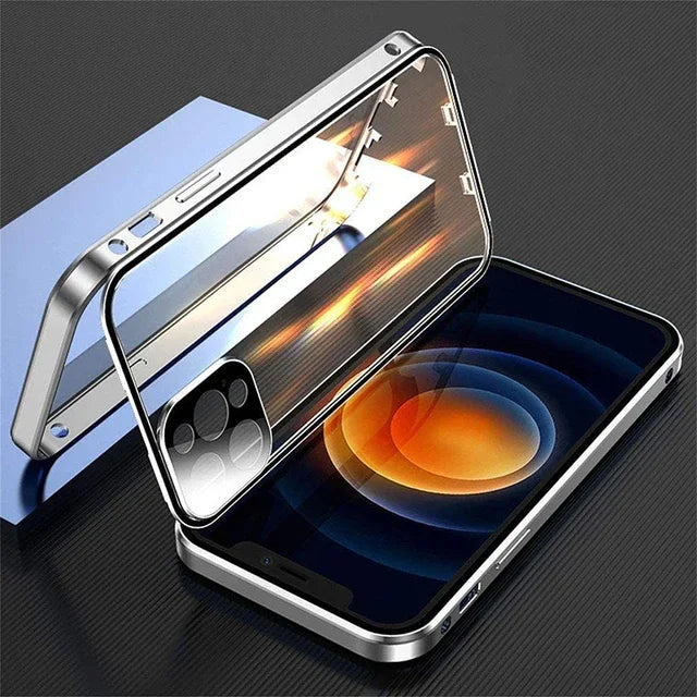 Clear 360° Full Protection Metal Magnetic Double-Sided Glass Press Phone Case for iPhone 16e 16 Pro Max 14 13 12 15 Pro Max Case