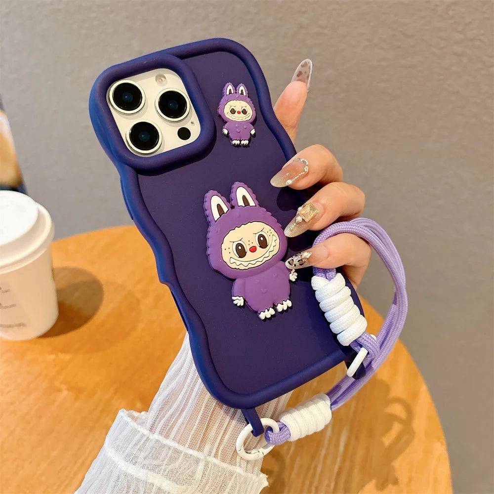 3D Cute Cartoon Animals Silicone Soft Phone Case with Wrist Strap For iPhone 16 Pro Max 15 14 13 Wave Edge Frame Candy Cover