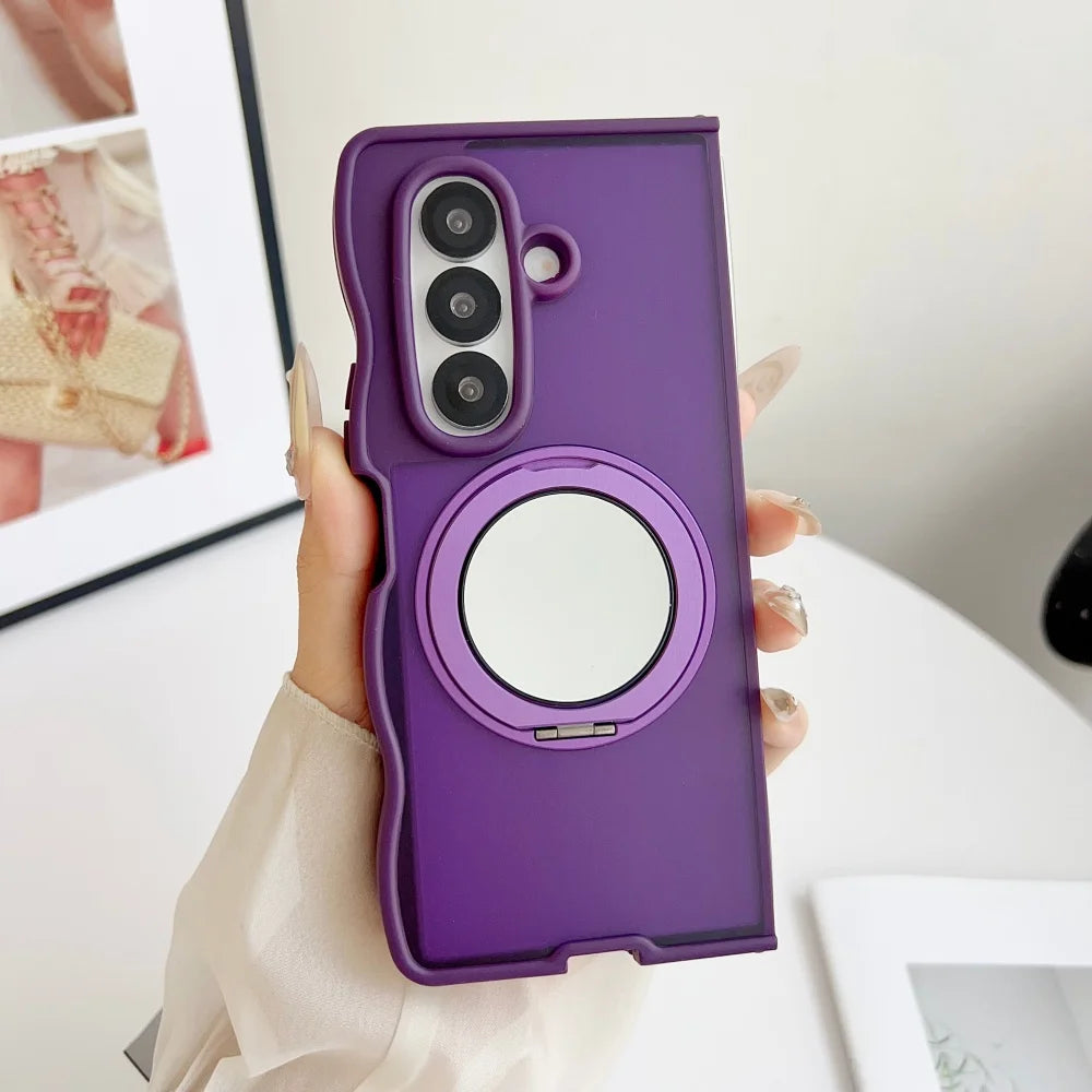 360 Rotating Mirror Stand Bracket Magnetic Case for Samsung Galaxy Z Fold7 Z Fold 6 5 4 3D Wave Border Shockproof Bumper Fundas