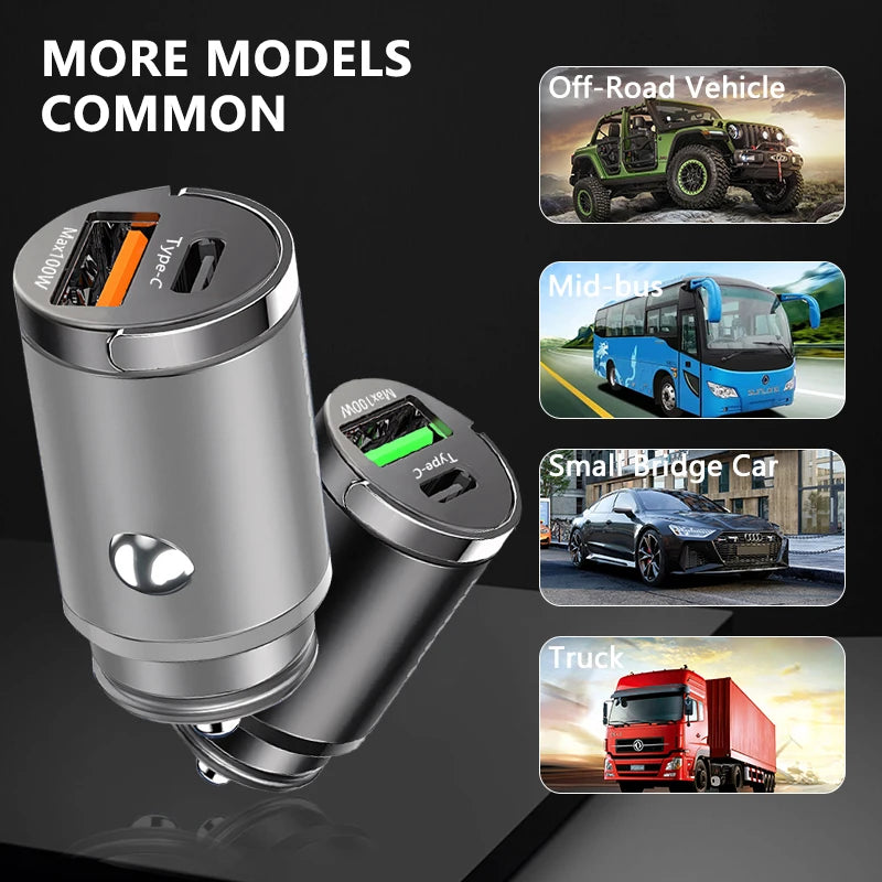 100W Mini Car Charger Lighter Fast Charging for iPhone QC3.0 Mini PD USB Type C Car Phone Charger for Xiaomi Samsung Huawei - covers4phones