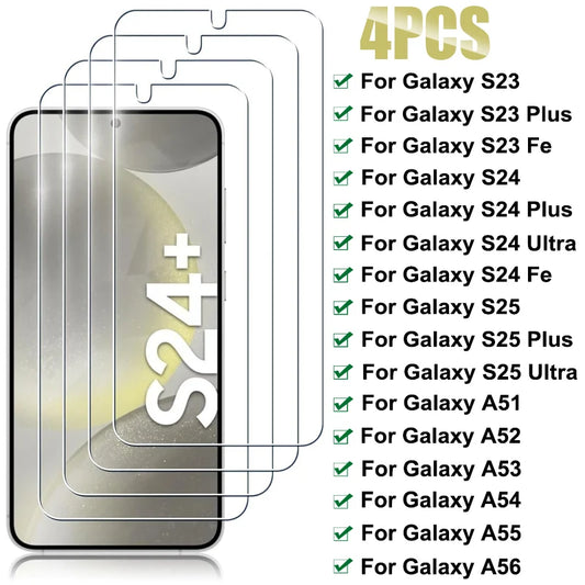4PCS Tempered Glass For Samsung Galaxy S23 S24 Plus S25 Ultra S23 Fe A51 A52 A52S A56 A53 A54 A55 Full Cover Screen Protector - covers4phones