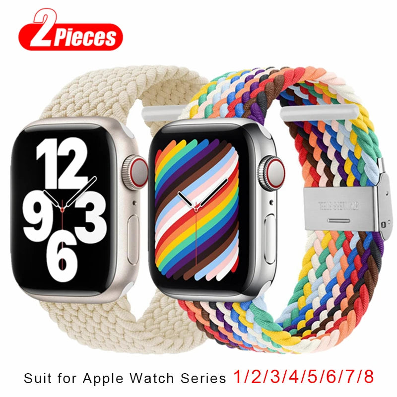 2pcs Braided Solo Loop For Apple Watch Band 44mm 40/49/45/41/42/38mm Elastic Nylon Belt Bracelet IWatch Series 7 3 SE 6 8 Ultra - covers4phones