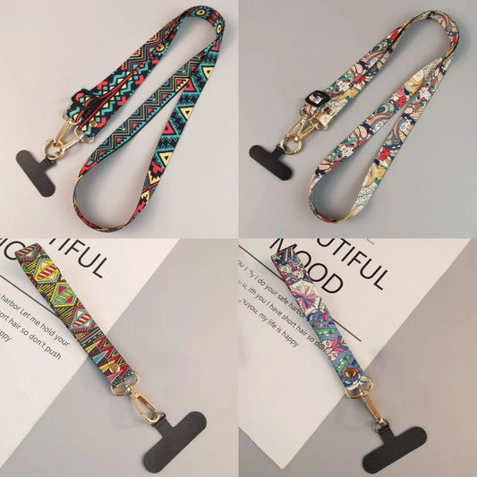 Universal Phone Clip Antilost Retro Pattern Strap Crossbody Long Strap Adjustment Length Hanging Neck Strap Mobile Phone Lanyard - covers4phones