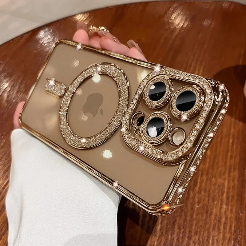 Bling Glitter Rhinestone Magnetic Wireless Charge Case for iPhone 16 15 14 13 12 11 Pro Max Plus Shockproof Pink Jewelled Cover - covers4phones
