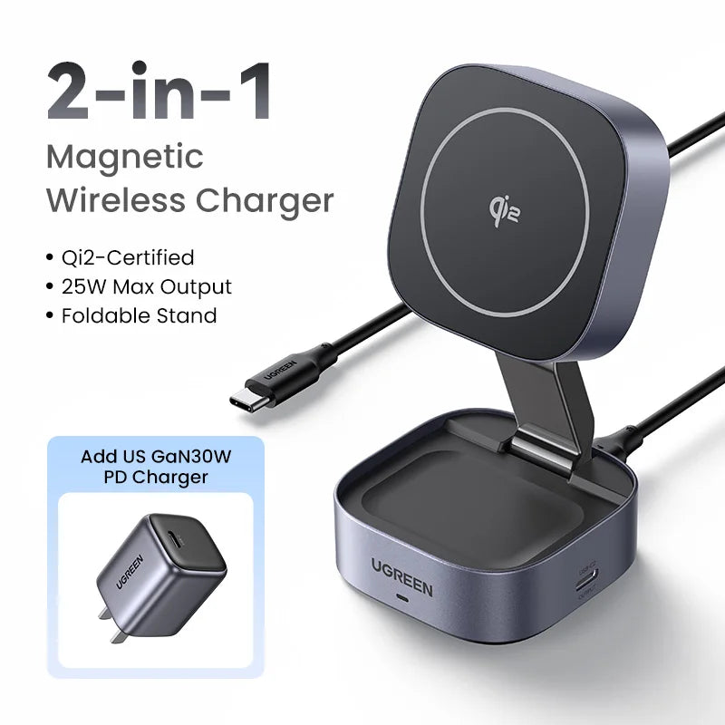 UGREEN Qi2 25W Magnetic Wireless Charger Stand 2-in-1 Charging Stand For iPhone 15 16 Pro Max/AirPods For MagSafe Fast Charger - covers4phones