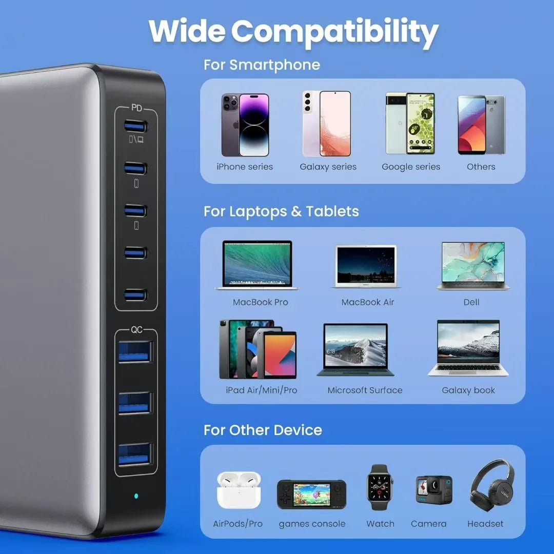 New 300W 8-port fast charging station type-c charger Multi-port USB mobile phone charger Convenient charger Home Office Travel