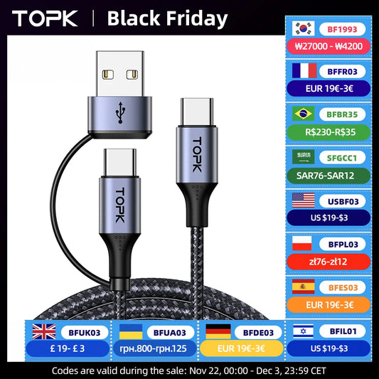 TOPK 60W PD Fast Charger Cable USB C to USB Type C Cable for MacBook Pro USB C PD Cable Fast Charging for Samsung Xiaomii - covers4phones