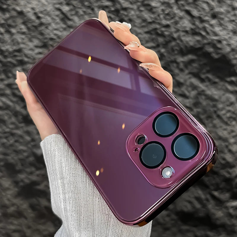 Original Shockproof Tempered Glass Case For iPhone 15 14 13 12 Pro Max 11 Plating Frame Mirror Hard Back Lens Protection Cover - covers4phones