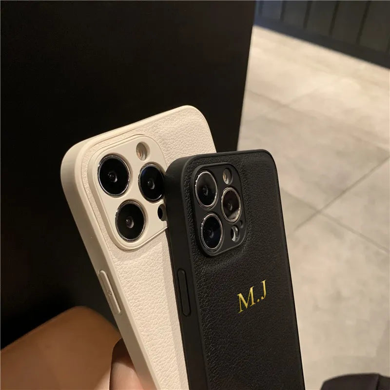 Personalised Customized Name Case For iPhone 16 15 14 13 12 11 Pro Max Initials Letters Leather DIY Cover 13 14 15 16 Pro Max - covers4phones