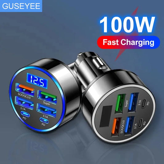 100W 6 Ports Car Charger Fast Charging PD QC3.0 USB C Car Phone Charger Type C Adapter in Car For iPhone Samsung Huawei Xiaomi - covers4phones
