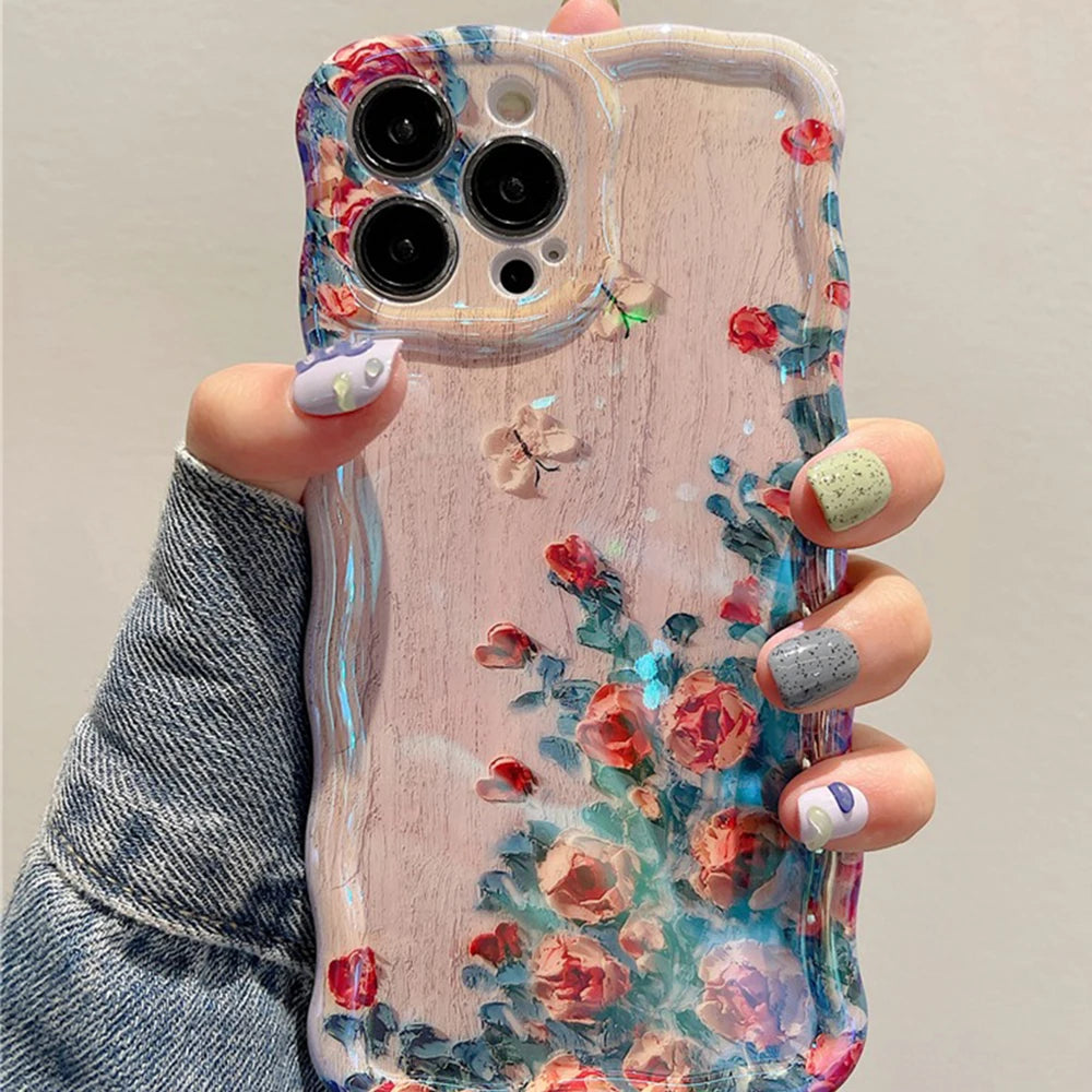 Retro Oil Painting Phone Case For iPhone 13 14 15 16 ProMax 12 11 Luxury Flower Print Shockproof Silicone Cover Artistic Decor - covers4phones