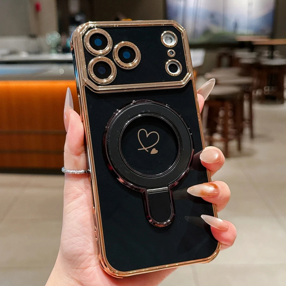 Luxury Plating Love Heart Airbag Bracket Phone Case For iPhone 17 16 15 14 13 Pro Max Plus Air Stand Holder Protection New Cover