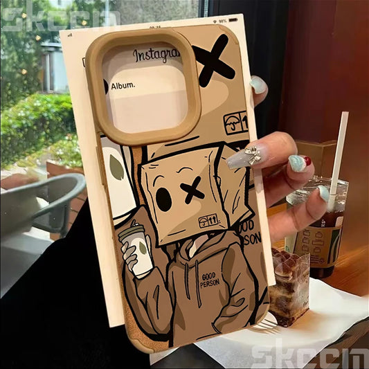 Cartoon Box Man Pattern Leather Phone Case For iPhone 16 15 14 13 12 11 Pro Max XS X XR 15 Plus Luxury Shockproof Back Cover