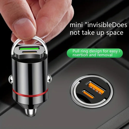 66W Flash Car Charger with Pull Ring - Ultra-Compact PD+USB Dual Port for Rapid Charging - Discreet Mini Design - covers4phones