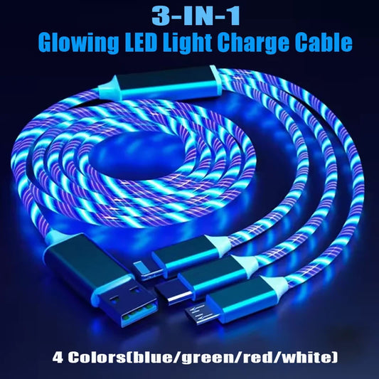 3-IN-1 Streamer Charging Cable Suitable for iPhone Android TypeC Mobile Phone One Split Three Growing LED Fast Charging Luminous - covers4phones