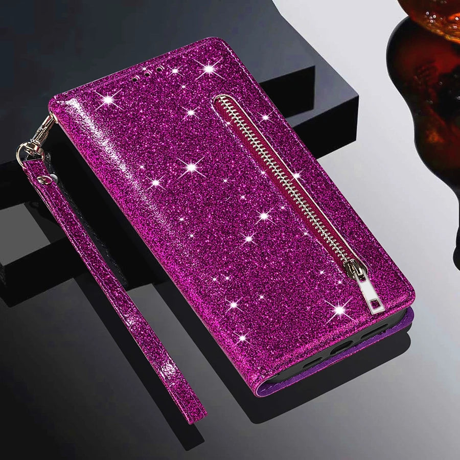 Glitter Wallet Magnetic Flip Leather Case For Samsung Galaxy Z Fold5 Z Fold4 Zipper Case For Samsung Galaxy Z Fold3 5G Z Fold 5