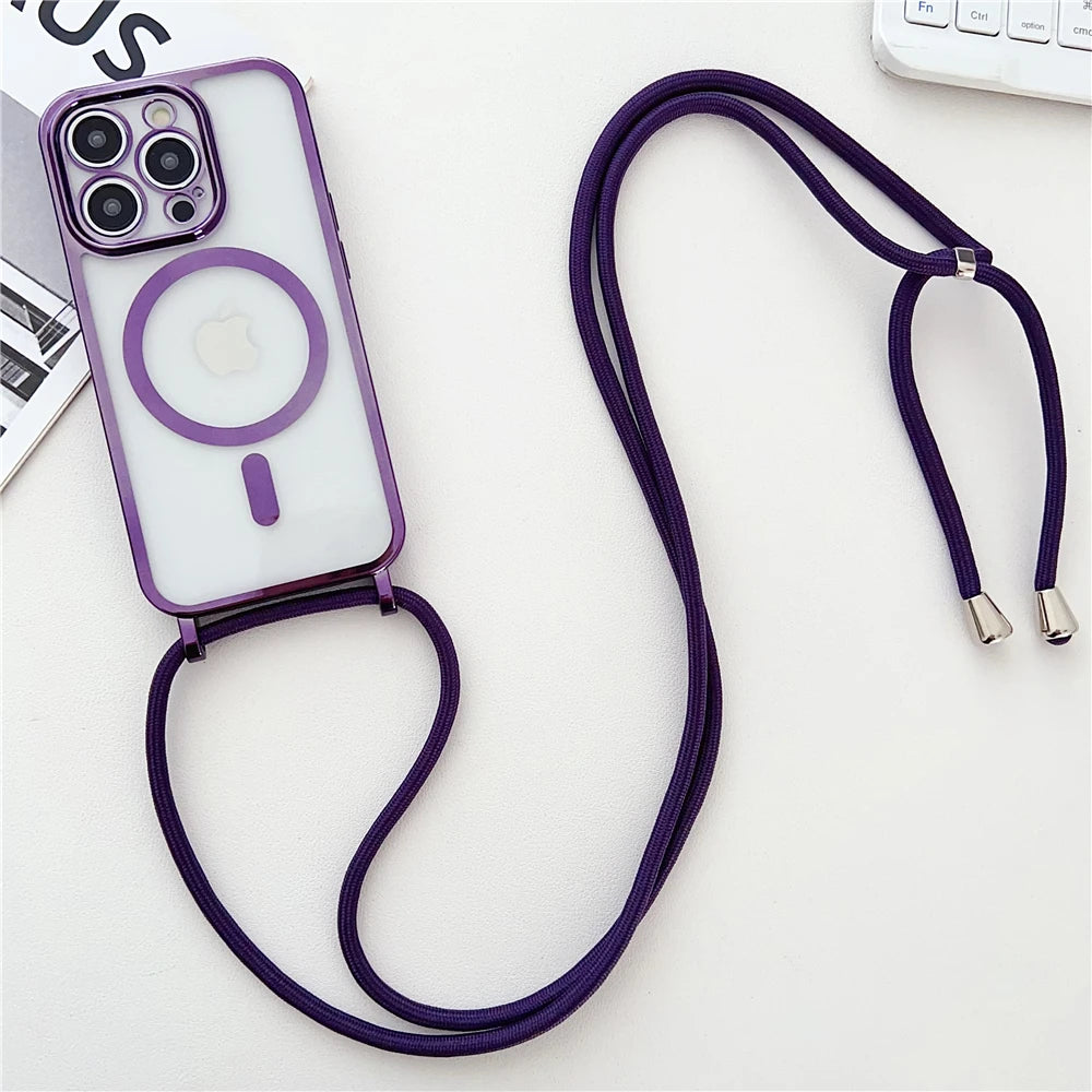 Luxury Necklace Cord Rope Lanyard Plating Magnetic Clear Phone Case For iPhone 16 14 11 12 13 15 Pro Max For Magsafe Soft Coverd