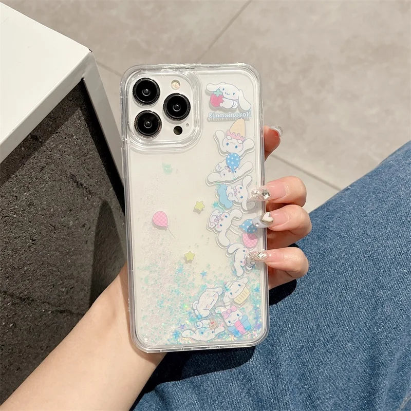 INS Kawaii Cinnamoroll Quicksand Bling Phone Case For iPhone 16 15 14 Pro Max 13 12 11 X XS Max XR Lovely Anti-drop Cover - covers4phones