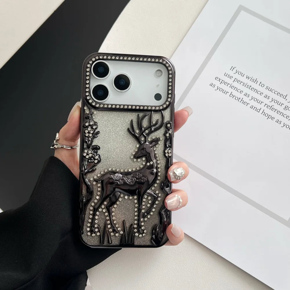 3D Deer Diamond Phone Case For iPhone 17 16 15 14 13 12 Pro Max 17pro Air Shiny Glitter Electroplated TPU Shockproof Soft Cover