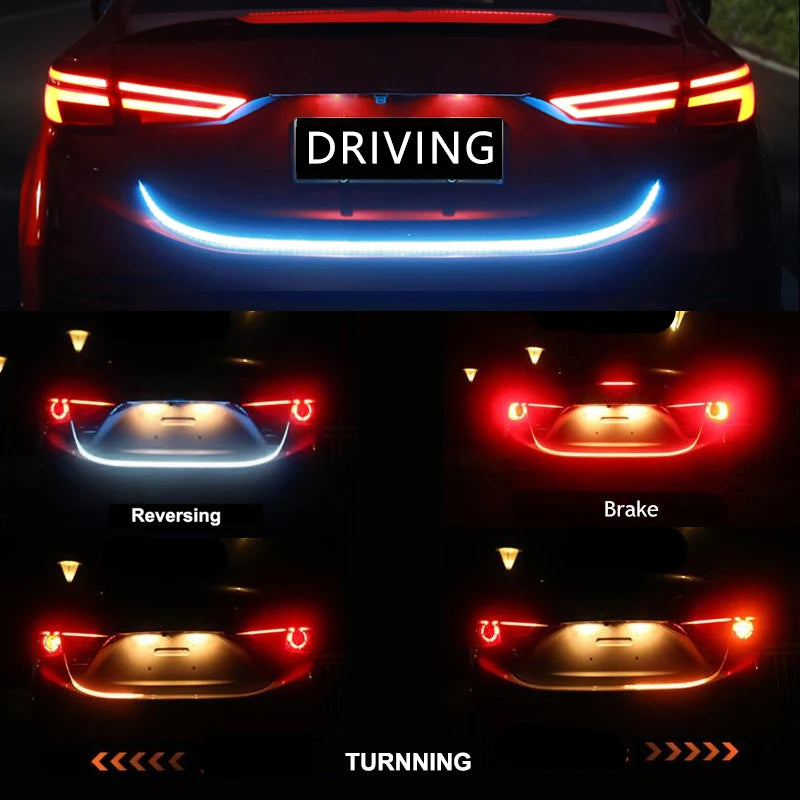 Car Rear Trunk Tail Light 120cm Colorful Dynamic Reverse Warning LED Strip 12v Additional Brake Follow Turn Signal Lamp
