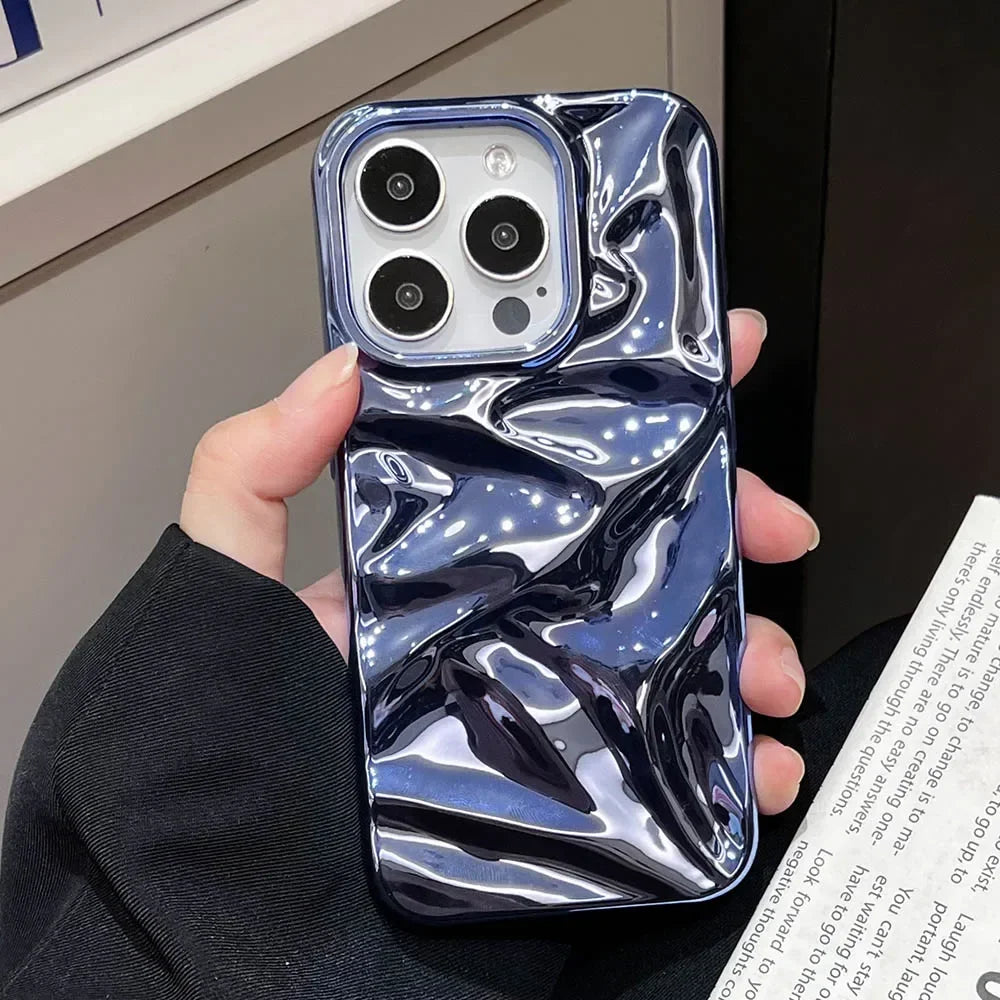 Luxury Electroplate Silvery 3D Wrinkle Phone Case For iphone 16 15 14 13 11 12 Pro Max Purple Water Ripple Shockproof Soft Cover