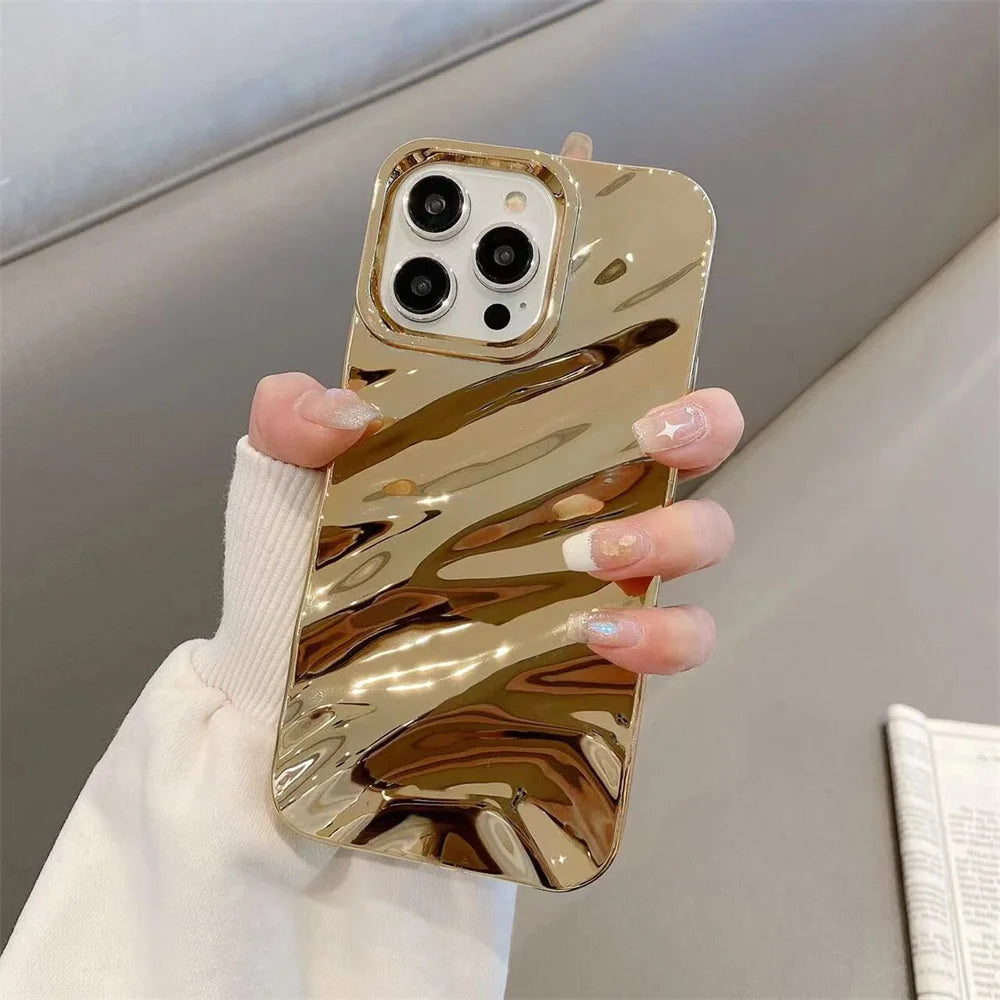 Luxury Plating 3D Wave Pattern Glossy Case For iPhone 16 15 14 13 12 11 Pro Max X XS Max XR 7 8 Plus Fashion Bright Bumper Cover - covers4phones