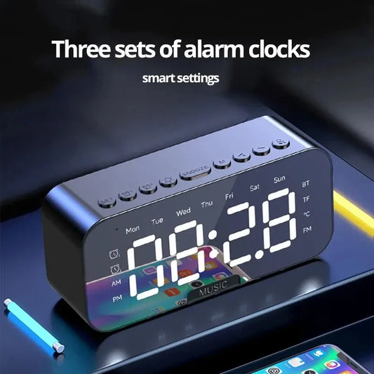 1pc LED Digital Alarm Clock with Bluetooth ,Speaker Mirror Bedroom Office Decor Table Screen Temperature FM Radio - covers4phones