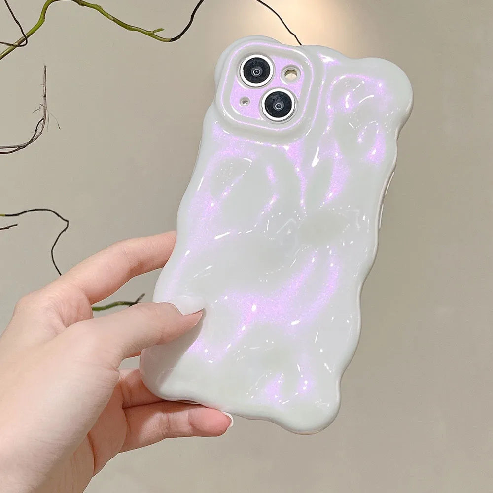 Japan Korea 3D Meteorite Pearl Cream White Soft IMD Phone Case For iPhone 14 15 16 13 12 Pro Max 11 Fashion Wave Bumper Cover