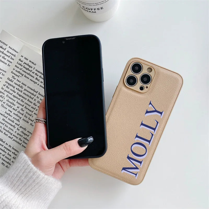 3D Colorful Personalised Name Case For iPhone 11 12 13 14 15 16 Pro Max XR XS MAX 7 8 Plus Luxury Korea Leather Customized Cover - covers4phones